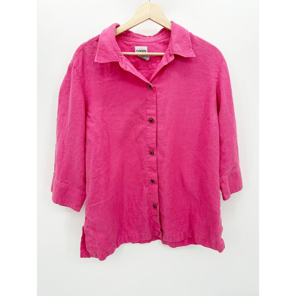 Chico's Womens Pink 100% Linen Button Front Shirt Size 2X Coastal Lagenlook Top